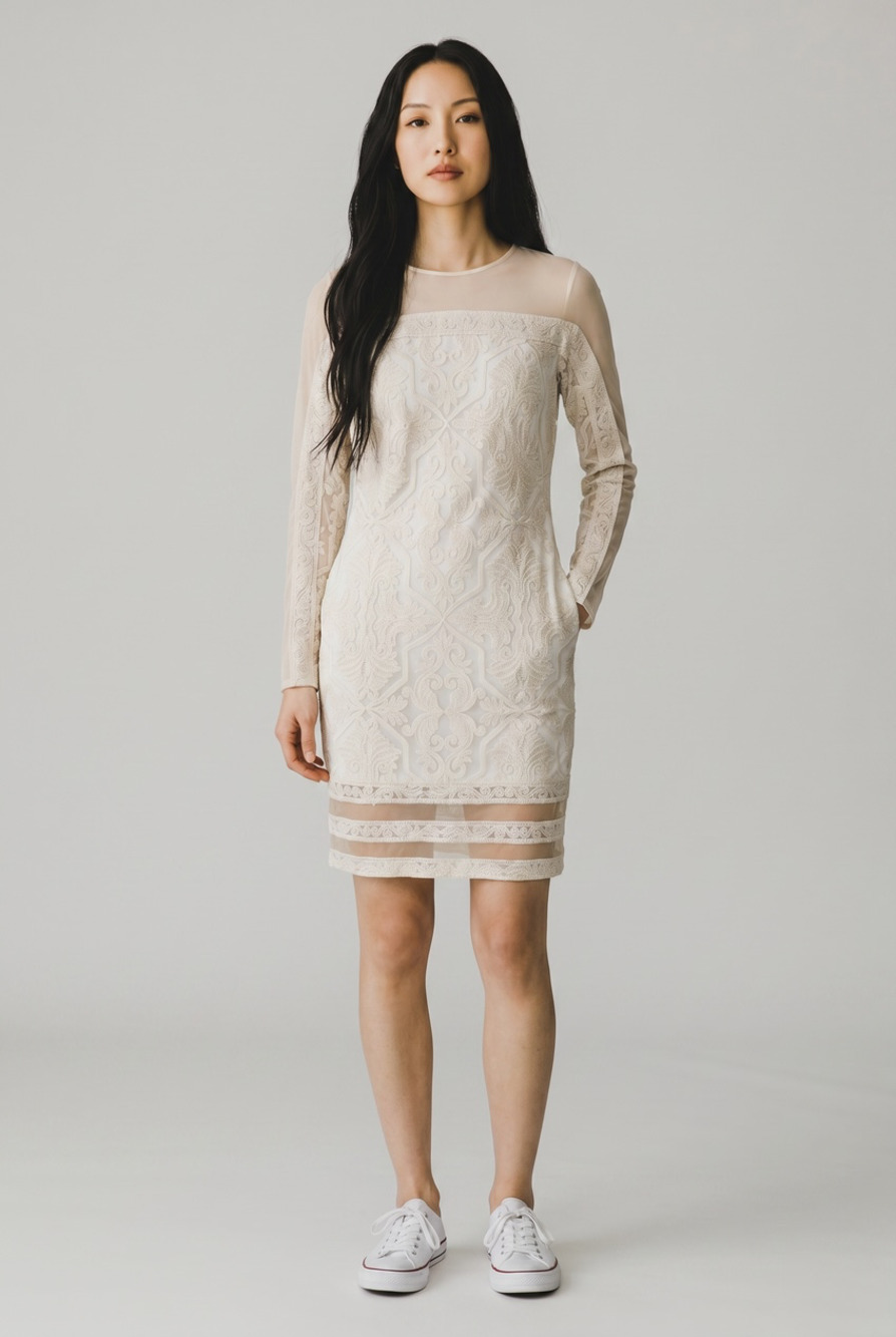 Tadashi Shoji Ivory Corded Lace Sheath Dress Size 12 Long Sleeve Illusion Mesh C
